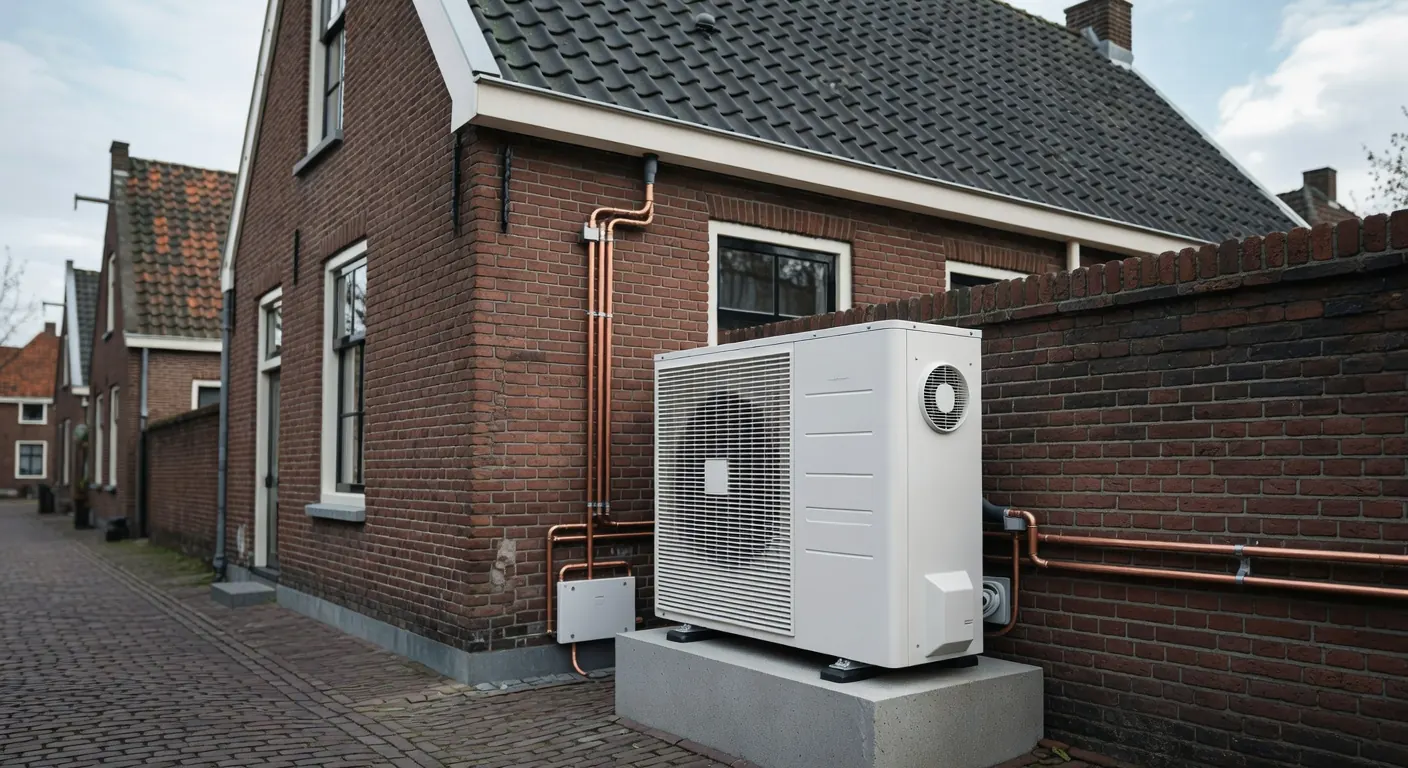 Illustratie van een moderne warmtepomp en isolatiematerialen in een Nederlandse woning in 2026
