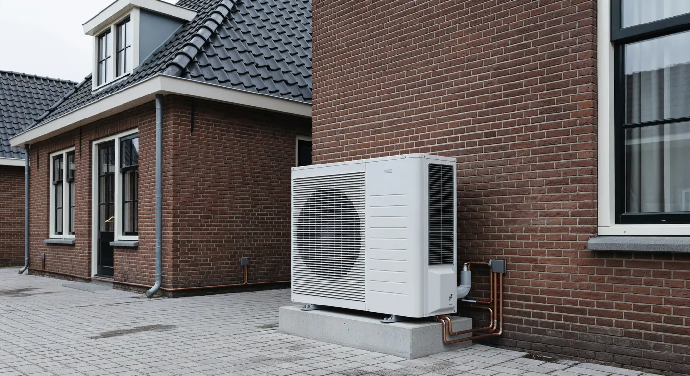 Illustratie van een moderne warmtepomp met isolatiematerialen in een Nederlands huis in 2026