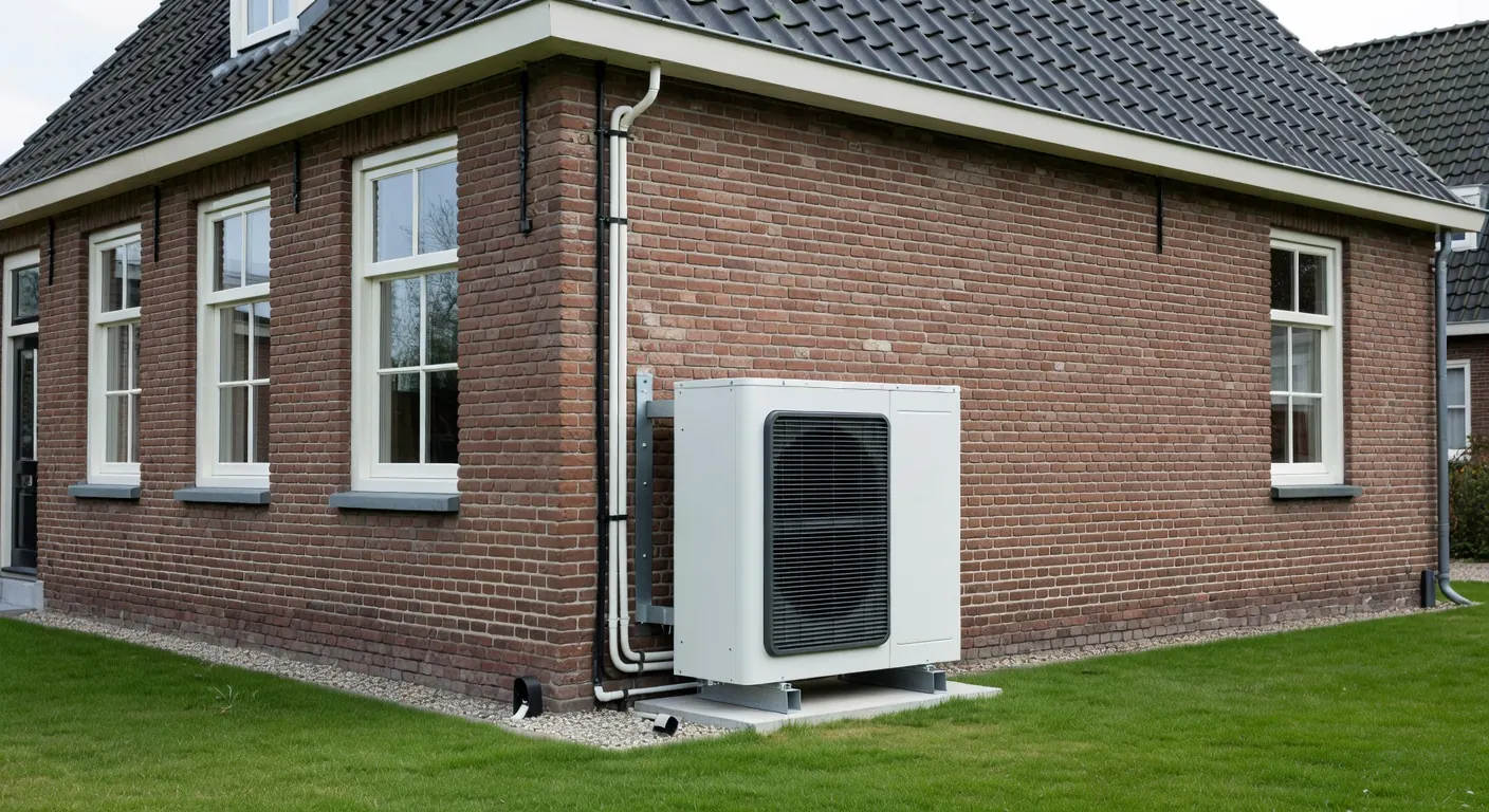Illustratie van een moderne warmtepomp en geïsoleerd huis in Nederland 2026