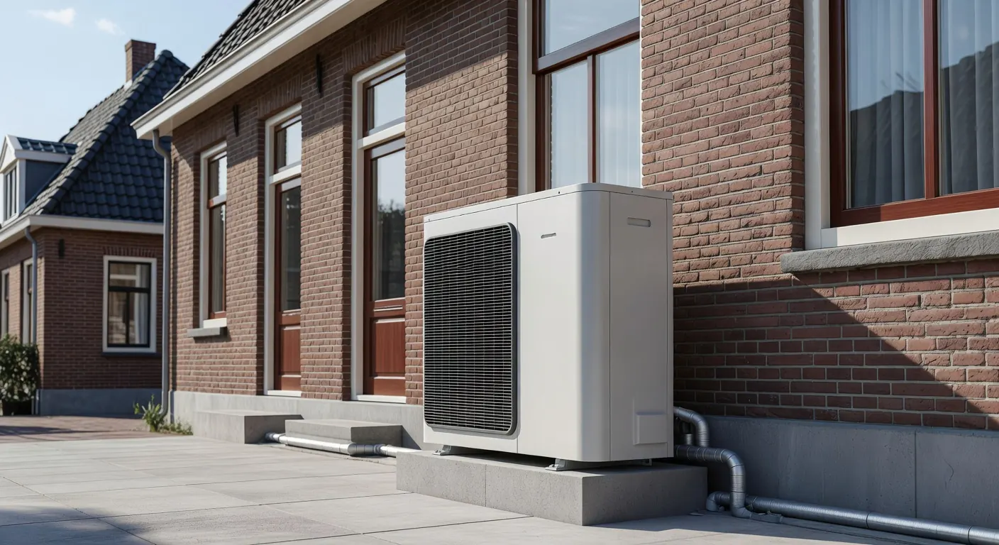 Illustratie van een moderne warmtepomp met isolatiemateriaal in een Nederlands huis in 2026