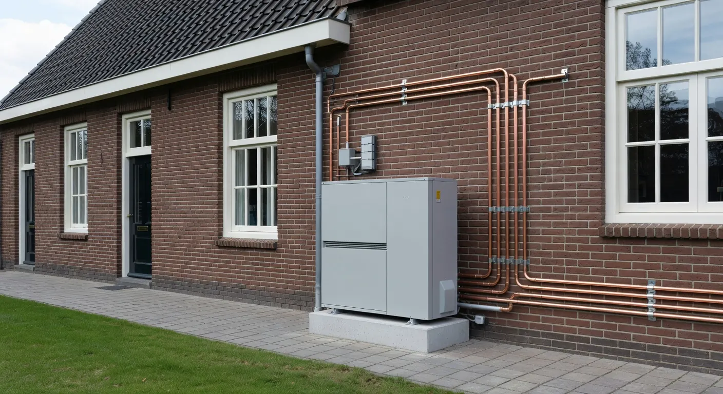 Illustratie van een warmtepomp met isolatiemateriaal in een huis